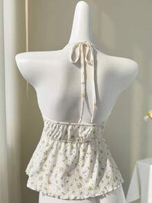 Elamini 黄色碎花镂空V领性感露背吊带背心，甜美迷人，春夏款 - 彩色 - 查看 2