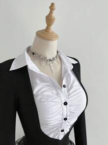 Elamini Damska dopasowana dzianina i splot tkany, swobodny strój biurowy, jesienno-zimowy, stylowy, uniwersalny T-shirt z długim rękawem i kontrastowym kołnierzykiem - Czarne i Białe - Zobacz 5