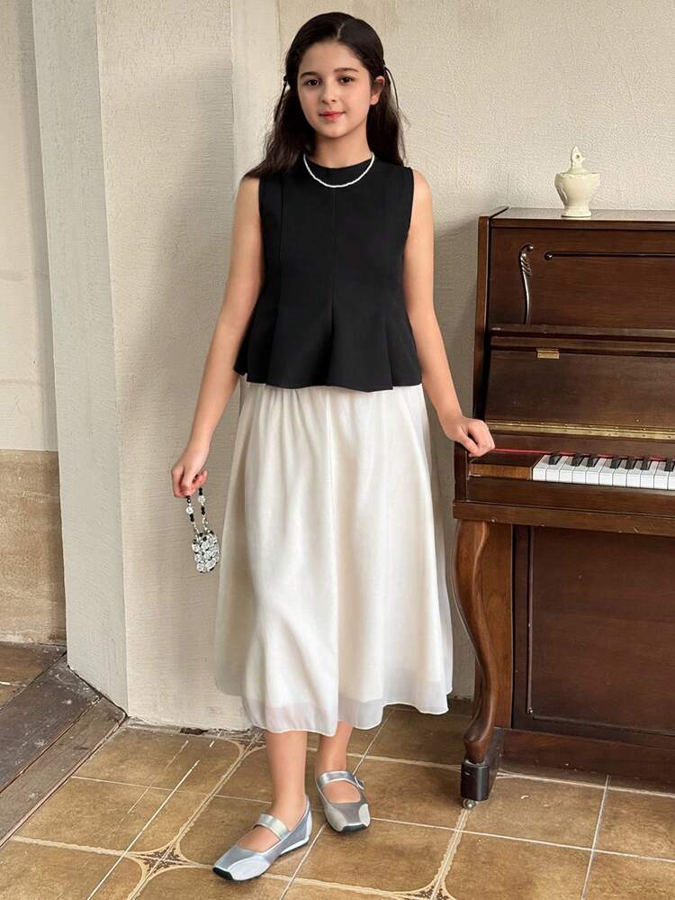 Tween Girl Elegant Solid Color Sleeveless Shirt And Skirt Set Summer