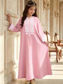 Teen Girl Casual Vacation Retro Print V-Neck Flare Long Sleeve Robe Robe, Pink - Pink - View 6