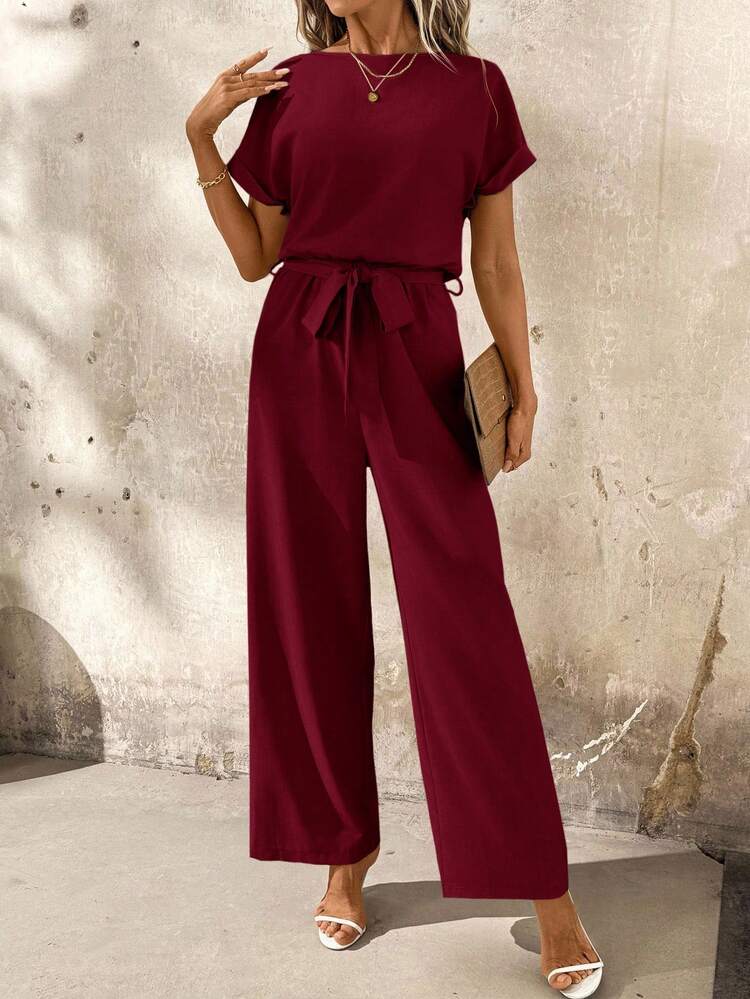 SHEIN Clasi Kombinezon wakacyjny z krótkim rękawem i okrągłym dekoltem w jednolitym kolorze z kwiatowym wykończeniem - Burgund - Zobacz 7