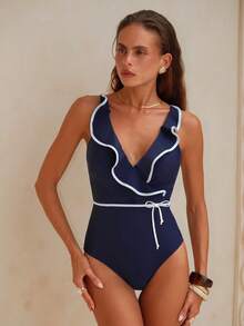Swim Chiccia 1 bộ đồ bơi liền thân nữ màu trơn phối tương phản, cổ chữ V xếp nếp, dây đeo có thể điều chỉnh, hở lưng, thanh lịch. - Màu xanh hải quân - Xem 5