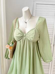 Comfortcana Plus Size Casual Pleated Long Sleeve Dress, Autumn/Winter - Green - View 5