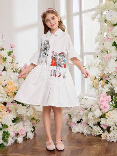 SHEIN Tween Girl Casual Shirt Dress, Cute Girl Pattern Decor White Dress, Flare Short Sleeve, Suitable For Party, Birthday, Outing, Performance, Summer White Dress