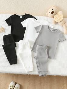 SHEIN 6pcs Baby Boy Snug Fit Casual Long Sleeve Top And Pants Soft Elastic Bodysuit Set