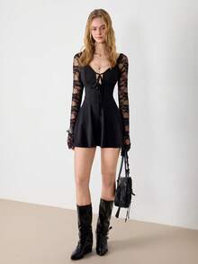 Ardnt Sexy American Style Lace Patchwork Long Sleeve Party Dress, Waist Cinching Unique Tie Design, A-Line Flirty & Alluring, Autumn New Arrival - Black - View 4