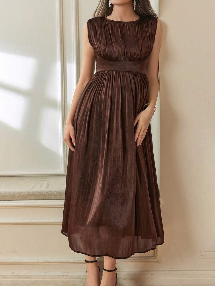 Elegant Sleeveless Brown Midi Dress, Fashionable For Parties, Weddings, Banquets, Spring & Summer Business Casual Woman Sundress