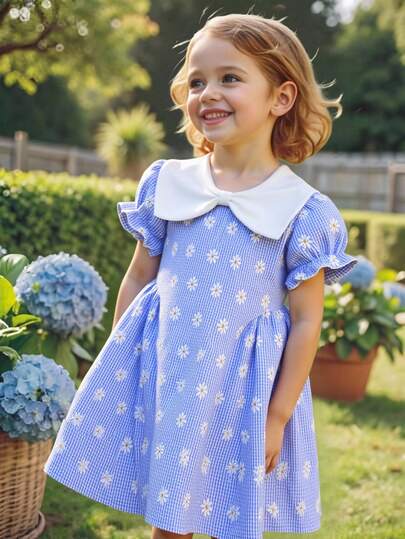 Young Girls' Plaid Daisy Print Puff Sleeve Dress With Bow Collar, Suitable For Casual, Elegant And Fashionable Daily Wear