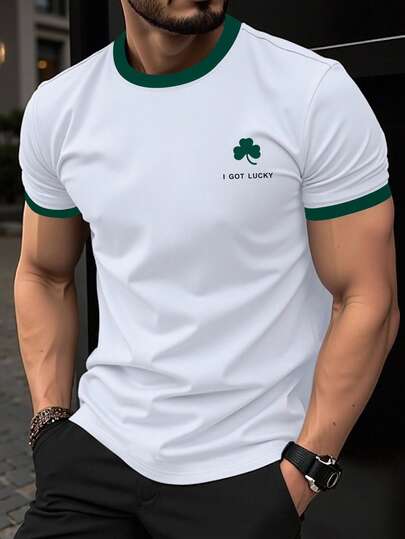 Manfinity Homme Men's Letter Print Contrast Trim Round Neck Casual Short Sleeve T-Shirt,Men Old Money,Daily Leisure, Weekend Trips, Outdoor Activities, Travel Expeditions, Relaxed Work Environments Or Semi-Formal Occasions, Boyfriend/Husband Gift, Anniversary /Birthday Gift Party Summer Vacation Holiday,Wedding,Spring To Summer,Mardi Gras,Comfortable Men's Short Sleeve Ringer Shirt With Contrast Green Collar And St Patrick's Day Style Print,White And Green Graphic Tee,Men's Summer Casual T Shirt