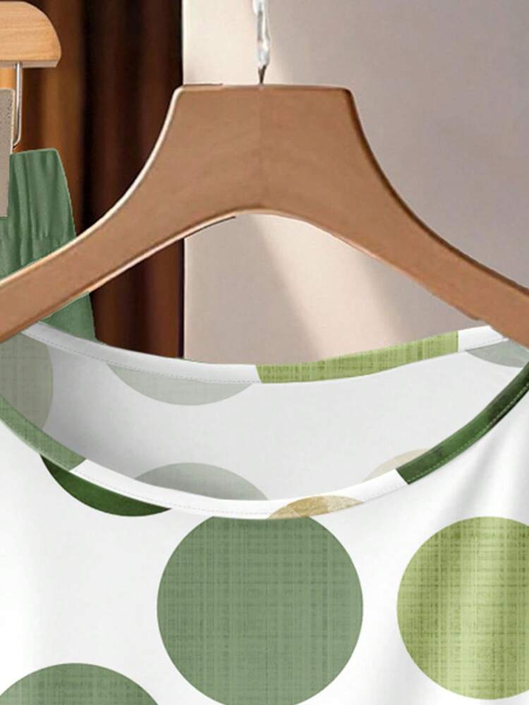 SHEIN Clasi 2pcs/Set Women's Casual Polka Dot Print Tie Front Blouse And Loose Straight Leg Pants, Suitable For Spring/Summer Vacation Carnival Blouse And Pants Set Green Set Women - Multicolor - View 4