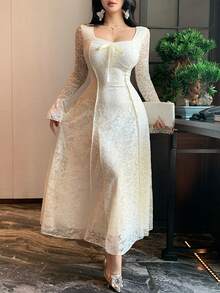 DAZY 法式蕾丝蝴蝶结腰身连衣裙，精致高端修身长款女士吊带裙 - 杏色 - 查看 8