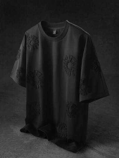 STYNVO Camiseta de manga corta con cuello redondo y aplicación negra casual para hombres de talla grande