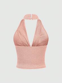 SHEIN PETITE 女士亮片金属针织露背吊带短款背心，性感紧身露背背心 - 粉色 - 查看 2