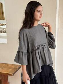 DAZY Tween Girl Loose Fit Round Neck Flare Sleeve Ruffle Hem Blouse Spring - Grey - View 3