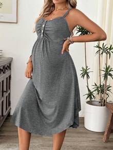 Cheriluna Maternity Maternity Solid Color Button Design Ruched Nursing Casual Cami Dress - Grey - View 5