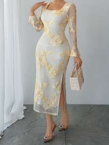 DAZY Women's Embroidered Mesh Patchwork Square Neck Long Sleeve Dress Wedding Guest Dress Sundress - Apricot - View 6