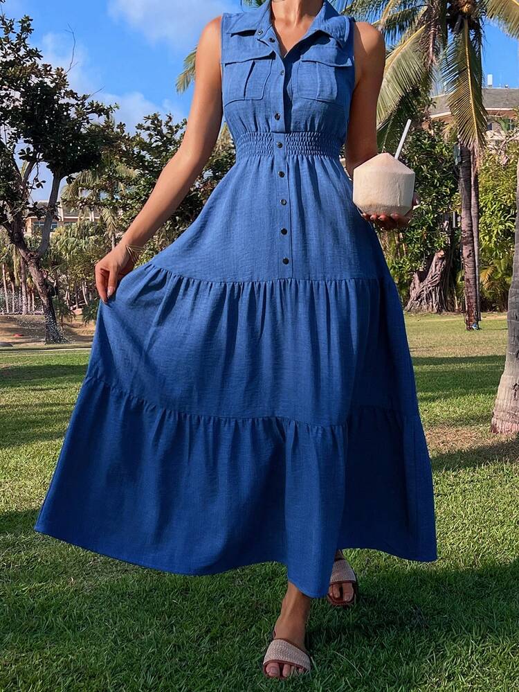 Women's Solid Color Collared Button Ruched Waist Midi Dress, Elegant For Parties And Events,Valentine Outfits For Women Sundress