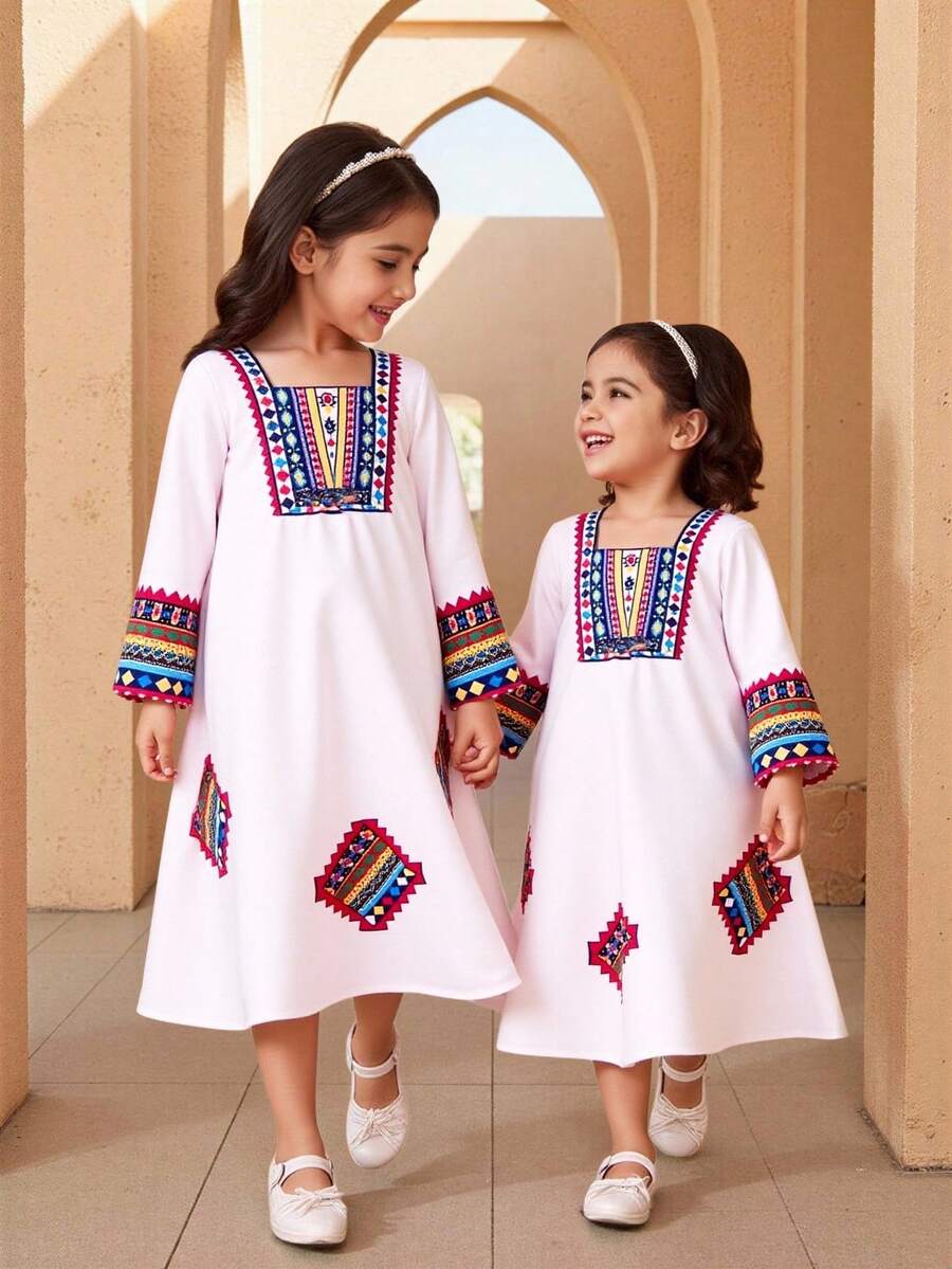 SHEIN Vestido de manga larga con estampado geométrico para niña - Blanco - Ver 1