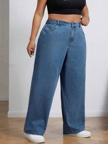 SHEIN ICON Quần jeans ống đứng dáng rộng, thoải mái, đa năng, cạp chun co giãn, cỡ lớn. - Rửa nhẹ - Xem 6