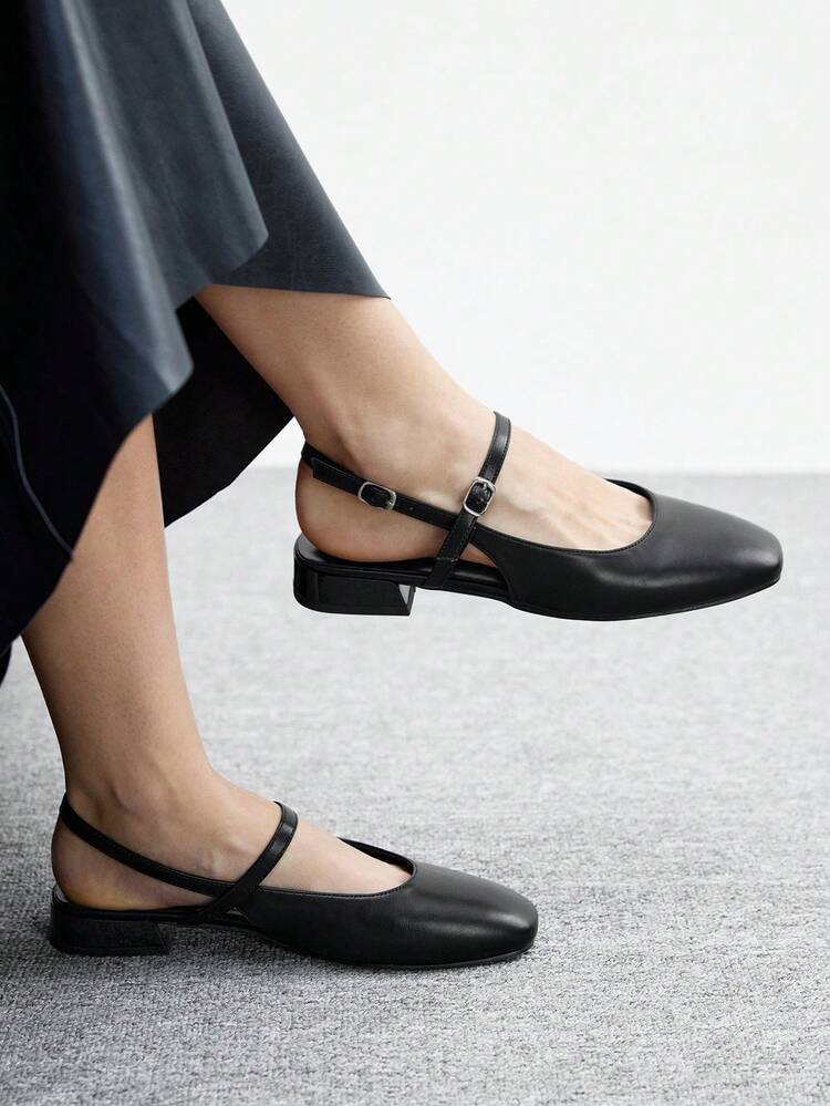 CUCCOO BIZCHIC Women's Square Toe Chunky Heel Flat Black Comfortable Minimalist Commuter Flat Mary Jane Backless Slip-On Shoes, Versatile For Daily Wear And Work For Christmas Valentine's Day Spring Shoes