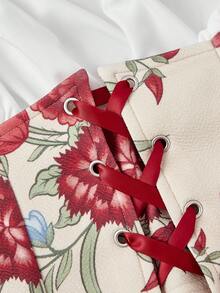 SHEIN MOD Damska bluzka vintage z bufiastymi rękawami i kwiatowym nadrukiem, z wiązaniem w talii, bluzki codzienne, bluzki na randkę, bluzki walentynkowe, bluzki wiosenno-letnie, komplety wieloczęściowe, bluzki z odkrytymi ramionami - Wielokolorowe - Zobacz 4