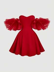 SHEIN MOD 1 chiếc đầm ngắn nữ kiểu dáng cung đình cổ điển, hở vai, thích hợp cho đám cưới mùa thu, dạ hội, phù dâu, lễ hội âm nhạc, hở lưng, năm mới, váy dạ hội, đầm dự tiệc. - Đỏ - Xem 5