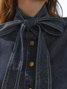 Dazy-Less 女士系带领单排扣时尚百搭通勤灯笼袖牛仔夹克 - 藍色 - 查看 6