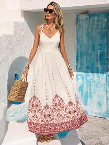 xheVivid Eden Vestido de playa suelto con cuello en V, espalda descubierta y cintura ceñida para mujeresxhe - Multicolor - Ver 2