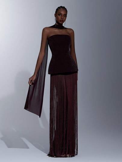 Elitara Elegant Luxurious Fringed Mermaid Hem Halter Dress, Suitable For Weddings, Events, Parties, Vacations, Galas, Formal Occasions