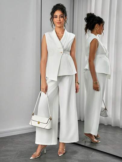 Momance Elegant Solid Color Vest & Wide Leg Pants Set For Pregnant Women