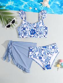 SHEIN 少女碎花比基尼三件套泳衣套装，含沙滩罩衫，适合海滩、泳池、夏季、度假。两件套青少年泳衣，三件套比基尼套装，含纱笼裙，高腰泳衣套装，款式保守的比基尼套装，度假女孩两件套泳衣。 - 藍色 - 查看 6