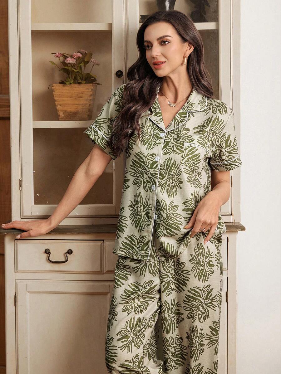 Serenescape Conjunto de Pijama de Manga Curta com Estampa de Folha de Coco Bolha Enrugada