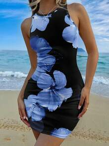 SHEIN EZwear Đầm midi không tay cổ tròn, kiểu dáng tối giản, in họa tiết hoa toàn thân, ôm dáng, thích hợp cho mùa hè. - Nhiều màu - Xem 4