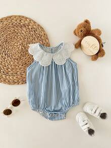 Newborn Baby Girl Cute Summer Casual Vacation Striped Ruffle Sleeveless Bodysuit - Blue - View 7