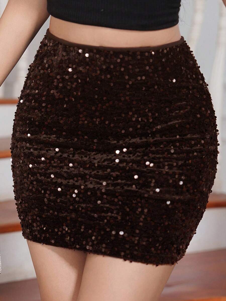 DAZY Chân váy ngắn ôm sát thanh lịch đính sequin dành cho nữ, thích hợp cho mùa xuân/hè và lễ hội. - Cà phê nâu - Xem 1