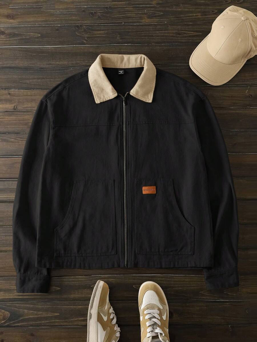 HIMLAND 男士梭织修身撞色拼接长袖休闲衬衫外套，适合秋冬季穿着 - 黑色 - 查看 1