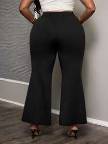 SHEIN PETITE CURVE 大码时尚休闲撞色蕾丝纯色喇叭裤，适合日常生活、通勤、派对、毕业典礼、办公室、约会等场合，黑色喇叭裤，蕾丝裤，春季，情人节，嘉年华服装，派对，婚礼及活动，优雅，黑色裤子 - 黑色 - 查看 2