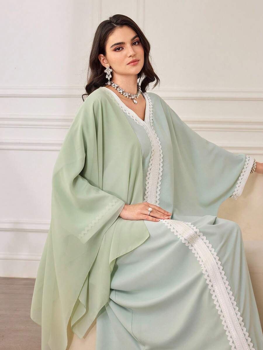 Al Najma Abito lungo casual da donna con scollo a V ricamato e orlo ondulato, stile arabo ampio - Verde - Visualizzare 1