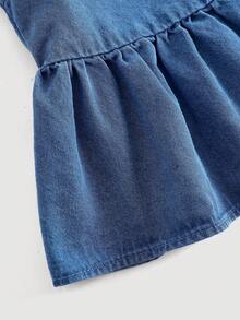 SHEIN 2Pcs Teen Girls Fashion Casual Y2k Vintage Cool Street Two Pieces Set Of Comfortable Blue Denim Sleeveless Vest With Ruffled Edges And Comfortable Loose Elastic Waistband Jeans For Kids Clothes Teen Girls Dailywear And Kids Spring And Summer Rave Outfits Festival And Outfits Streetwear Clothes - Blue - View 4