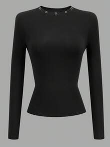 INAWLY Women's Solid Color Round Neck Metal Eyelet Fitted Long Sleeve T-Shirt - Black - View 3