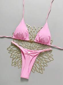 Swim Mod Women's New Metal Decor Solid Color V-Neck Halter Backless Triangle Bikini Set, Sexy Thong Swimsuit, Spring/Summer - Pink - View 1