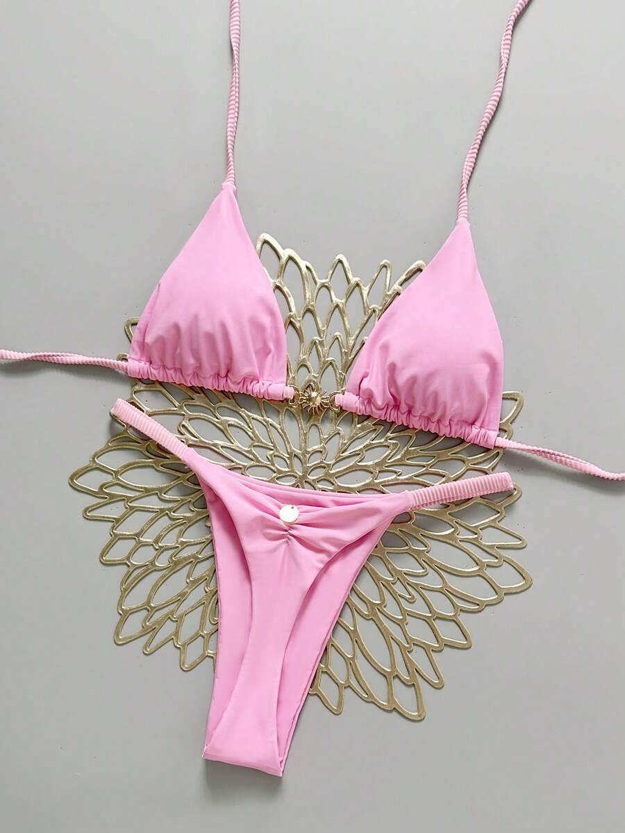 Swim Mod Women's New Metal Decor Solid Color V-Neck Halter Backless Triangle Bikini Set, Sexy Thong Swimsuit, Spring/Summer - Pink - View 1