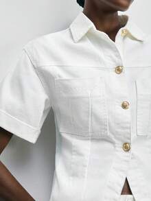 Maija 女士纯色前扣休闲百搭牛仔短袖上衣 - 白色 - 查看 6