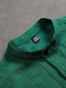 Manfinity Roghcode Men's Solid Color Mandarin Collar Single-Breasted Casual Versatile Commuting Short Sleeve Shirt - Dark Green - View 3