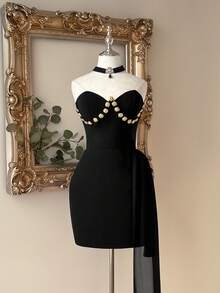 Lovelzi Robe de cocktail courte élégante et luxueuse en tricot patchwork à franges avec broderie de perles noires, décoration dégradée de sequins fait main, coupe bustier évasée - Noir - Voir 6