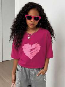 Dazy Kids Tween Girls' Round Neck Printed Short Sleeve Casual T-Shirt Spring Long Sleeve Tops Women - Hot Pink - View 7