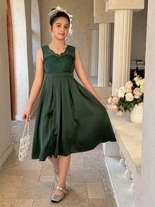 DAZY Tween Girls Lace Patchwork Long Sleeve Dress - Dark Green - View 7