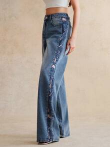 Anewsta Women's Fashionable, Elegant, Sexy Side Cutout Embroidered Romantic Party Vacation Blue Straight Leg Jeans, Spring/Summer - Blue - View 7