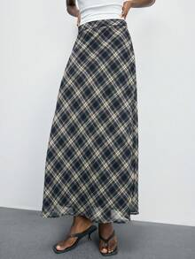 Maija 女士格子休闲通勤时尚长裙，都市通勤商务休闲女装，女士办公室着装，女士教师装，优雅复古风，适合春夏，情人节 - 藏蓝色 - 查看 2