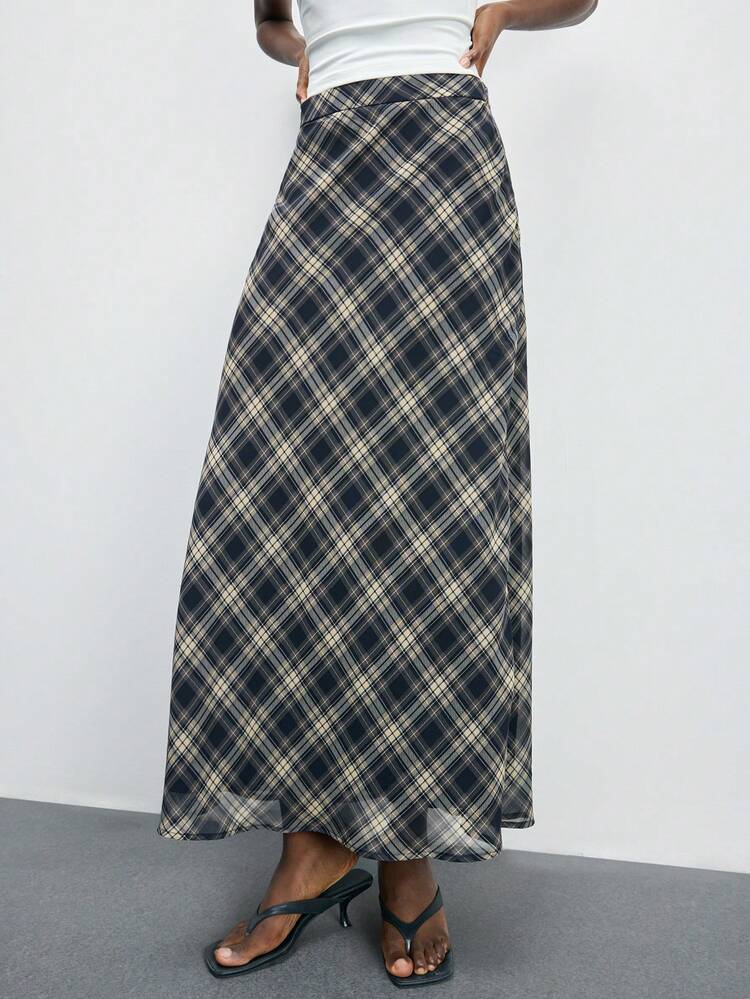 SHEIN Maija Women's Plaid Casual Commuter Stylish Long Skirt, Urban Commuter Business Casual Women's , Women's Office Attire, Women's Teacher, Elegant Vintage Style, Suitable For Spring/Summer, Valentine's Day